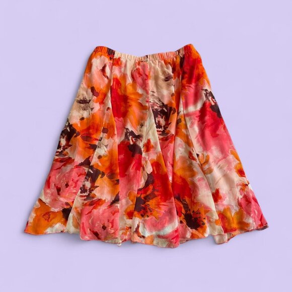 Y2K Pink Orange Floral Chiffon Midi Skirt – Christopher & Banks L - Picture 1 of 8